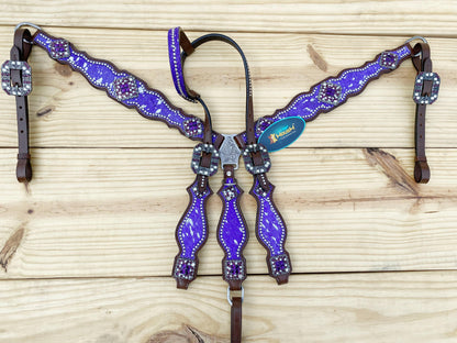 Valentine Day Western Leather Headstall and Breast Collar tack Set for the horse, headstall purple silver metallic acid wash cowhide look