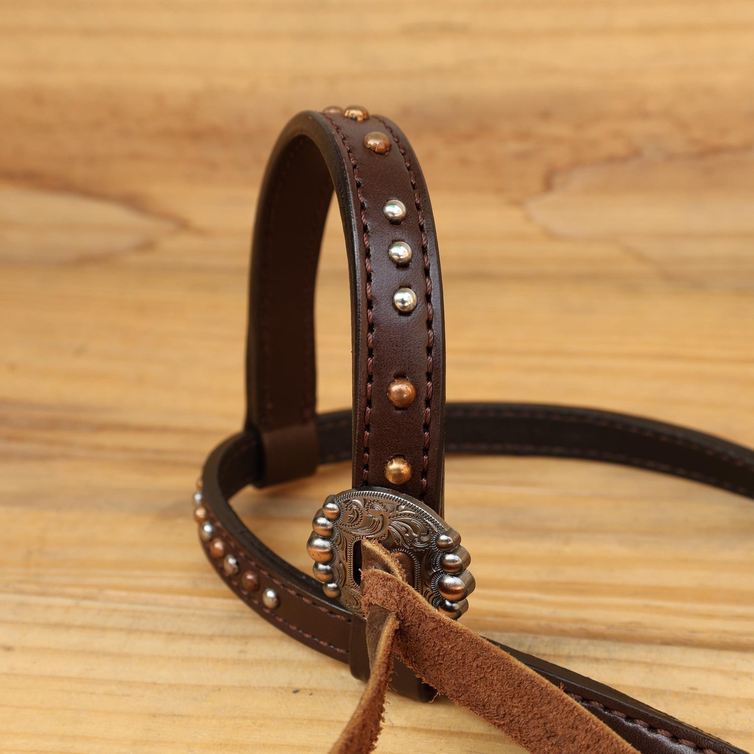 Leather Headstall Tack set with with geometrical carving with copper nickel studs brown leather fringe  string concho gifts for horse lovers