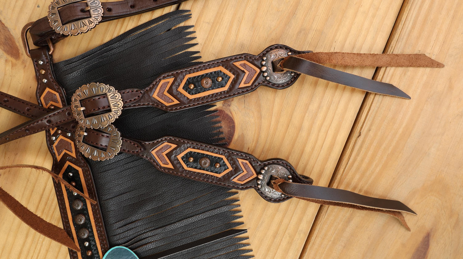 Leather Headstall Tack set with with geometrical carving with copper nickel studs brown leather fringe  string concho gifts for horse lovers