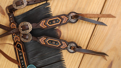 Leather Headstall Tack set with with geometrical carving with copper nickel studs brown leather fringe  string concho gifts for horse lovers