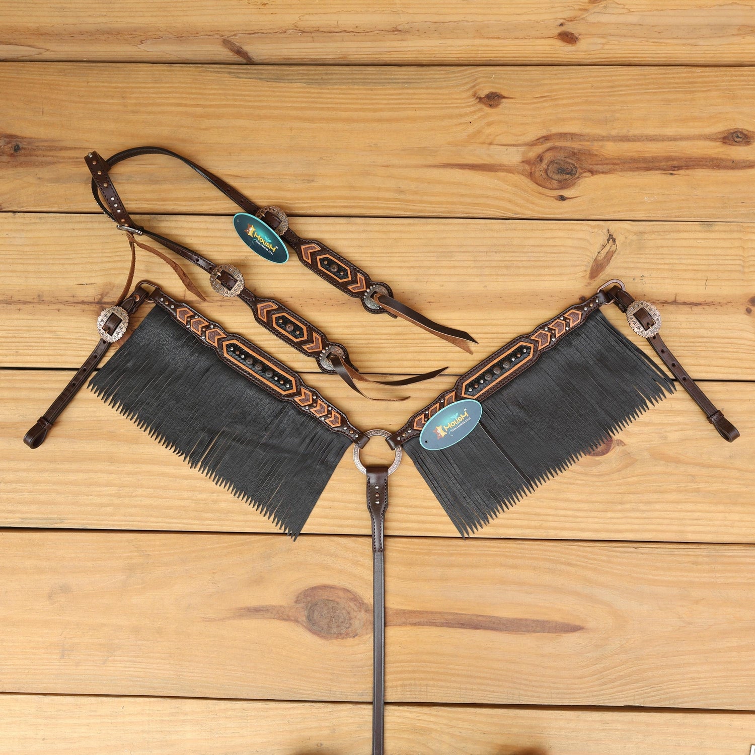 Leather Headstall Tack set with with geometrical carving with copper nickel studs brown leather fringe  string concho gifts for horse lovers