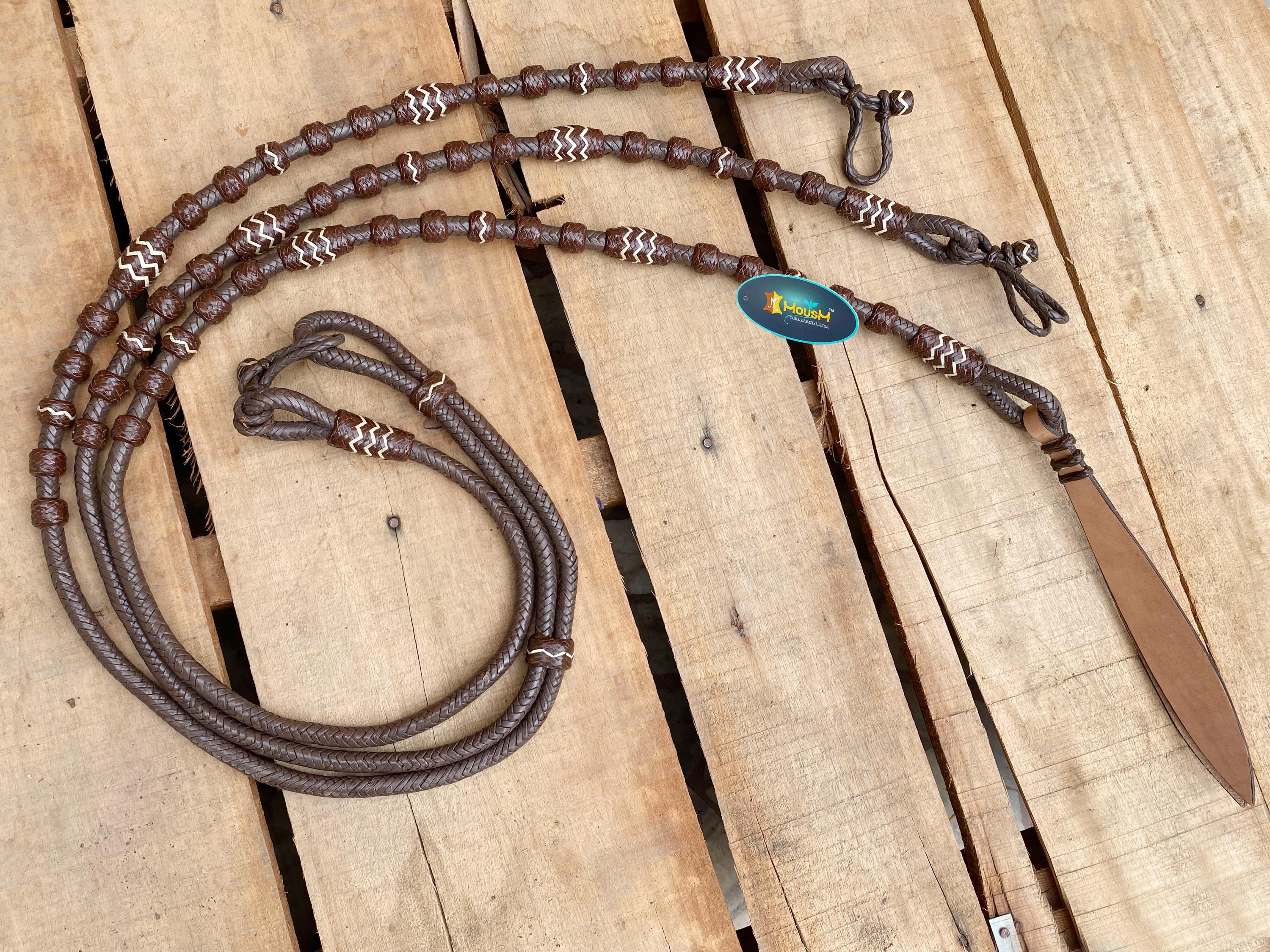 Romal Reins Braided Natural Rawhide Reins with Leather Popper and color options Leather Reins Horse Reins 8&