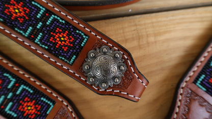 Beaded inlay Headstall tack Premium Leather Headstall and Breast Collar with geometric red teal beaded tooling pattern inlay on tan leather