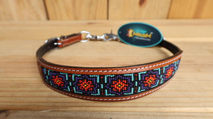 Beaded inlay Headstall tack Premium Leather Headstall and Breast Collar with geometric red teal beaded tooling pattern inlay on tan leather