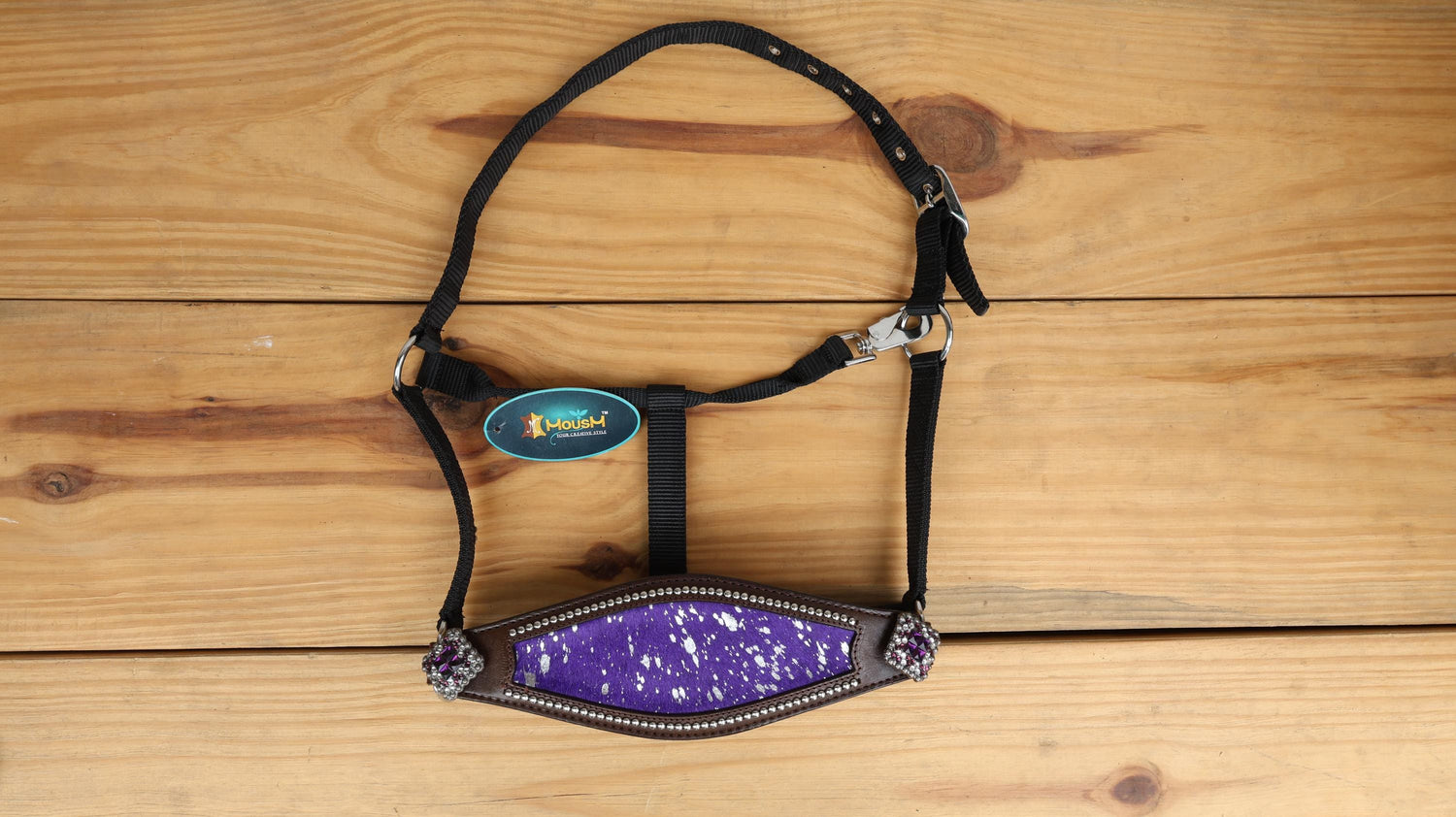 leather Bronc Halter for Horses, Leather Horse Noseband Decorated with purple silver metallic acid wash cowhide look by Mousm
