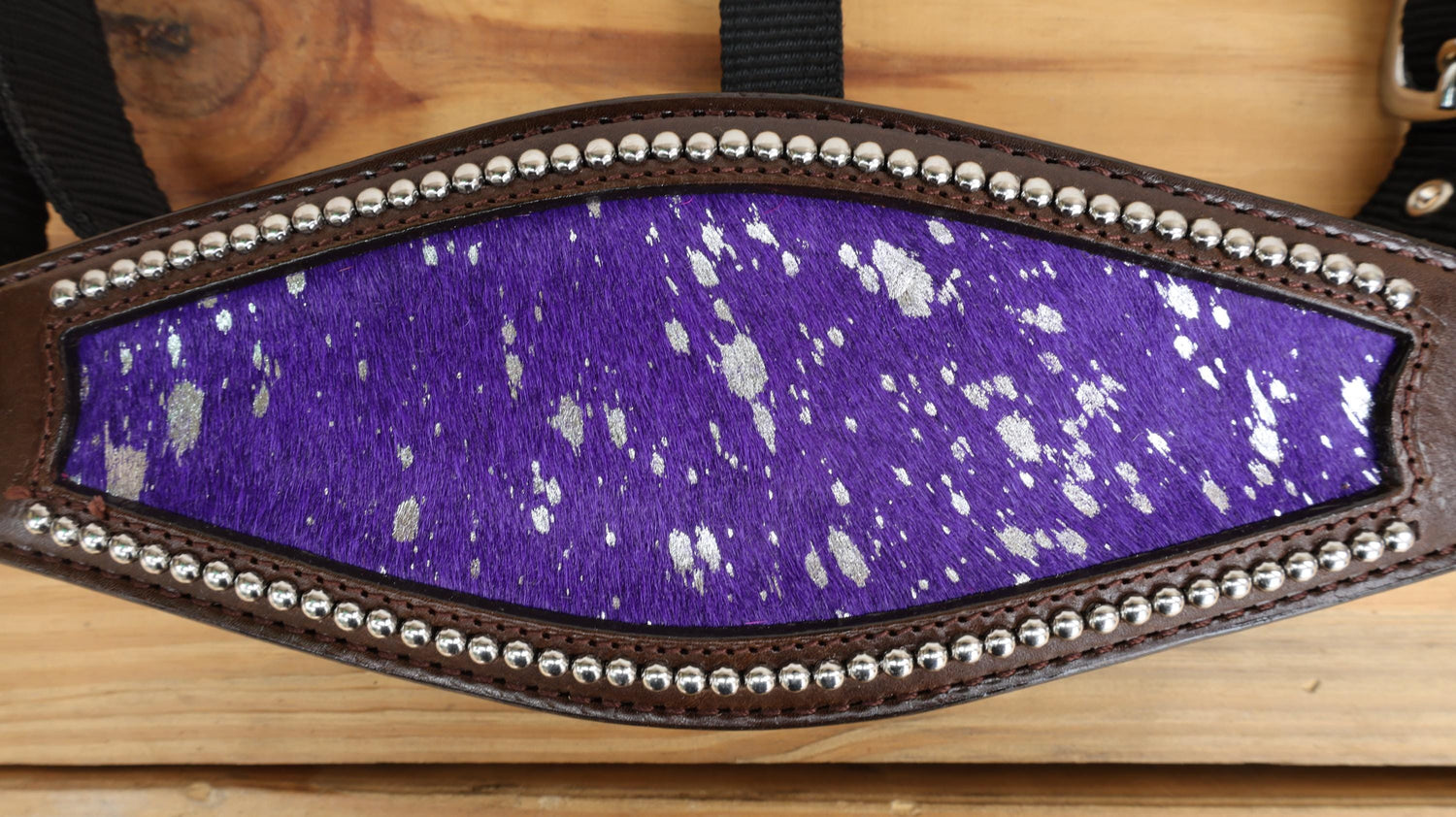 leather Bronc Halter for Horses, Leather Horse Noseband Decorated with purple silver metallic acid wash cowhide look by Mousm