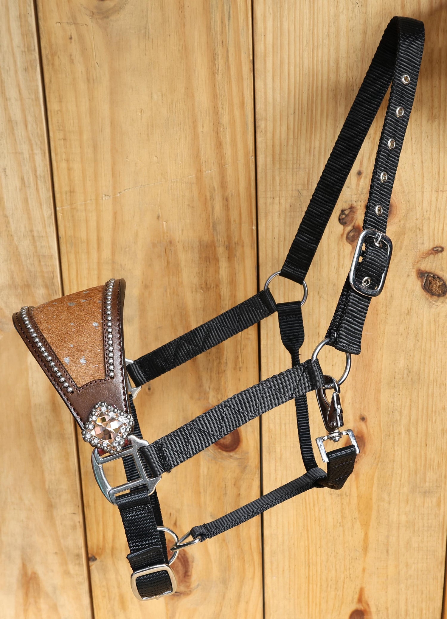 leather Bronc Halter for Horses, Leather Horse Noseband Decorated with brown metallic acid wash cowhide look by Mousm