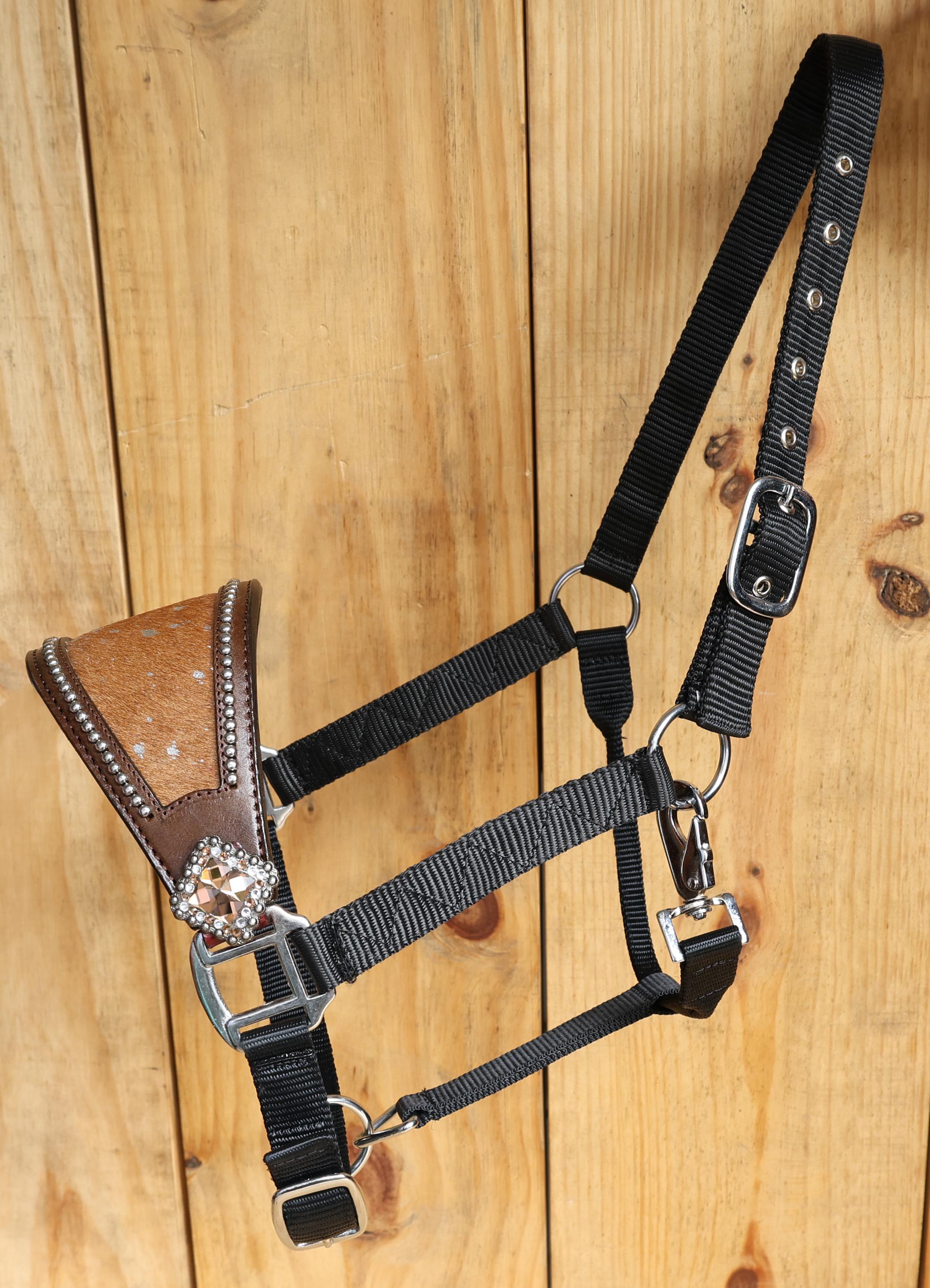 leather Bronc Halter for Horses, Leather Horse Noseband Decorated with brown metallic acid wash cowhide look by Mousm