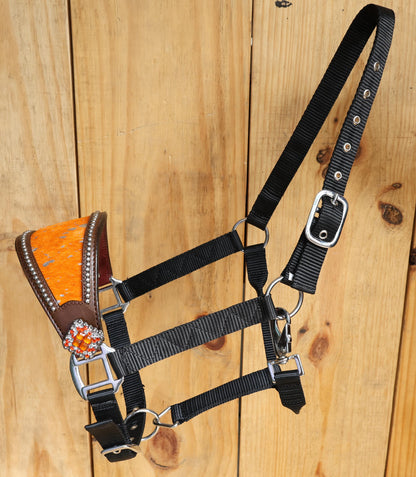 leather Bronc Halter for Horses, Leather Horse Noseband Decorated with Orange metallic acid wash cowhide look by Mousm
