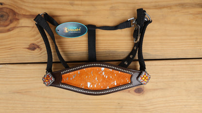 leather Bronc Halter for Horses, Leather Horse Noseband Decorated with Orange metallic acid wash cowhide look by Mousm
