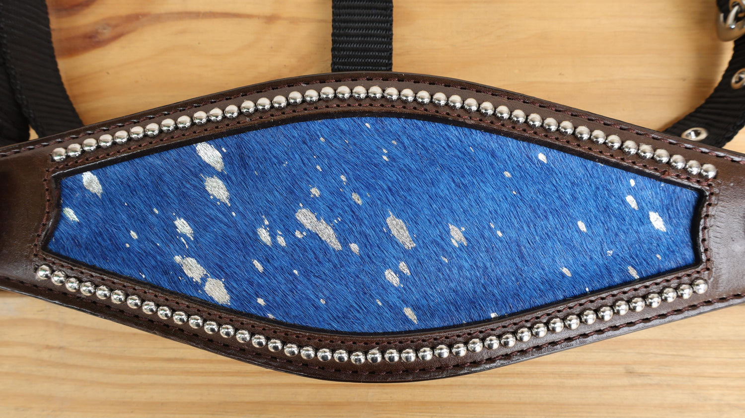 leather Bronc Halter for Horses, Leather Horse Noseband Decorated with Royal blue metallic acid wash cowhide look by Mousm