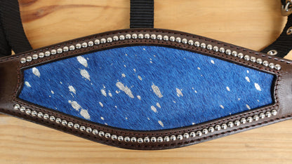 leather Bronc Halter for Horses, Leather Horse Noseband Decorated with Royal blue metallic acid wash cowhide look by Mousm
