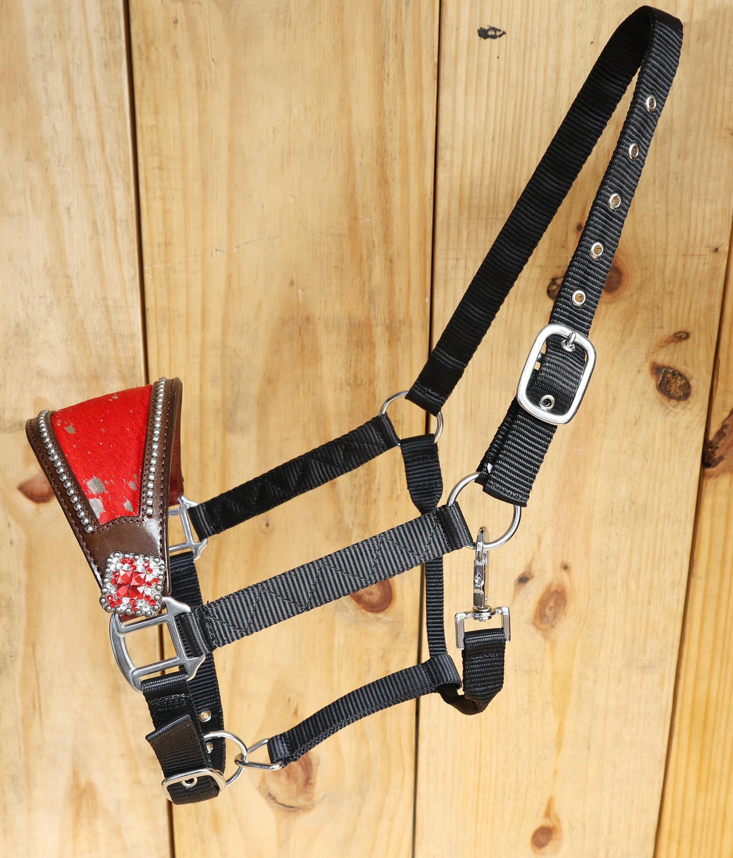 leather Bronc Halter for Horses, Leather Horse Noseband Decorated with Royal Red metallic acid wash cowhide look by Mousm