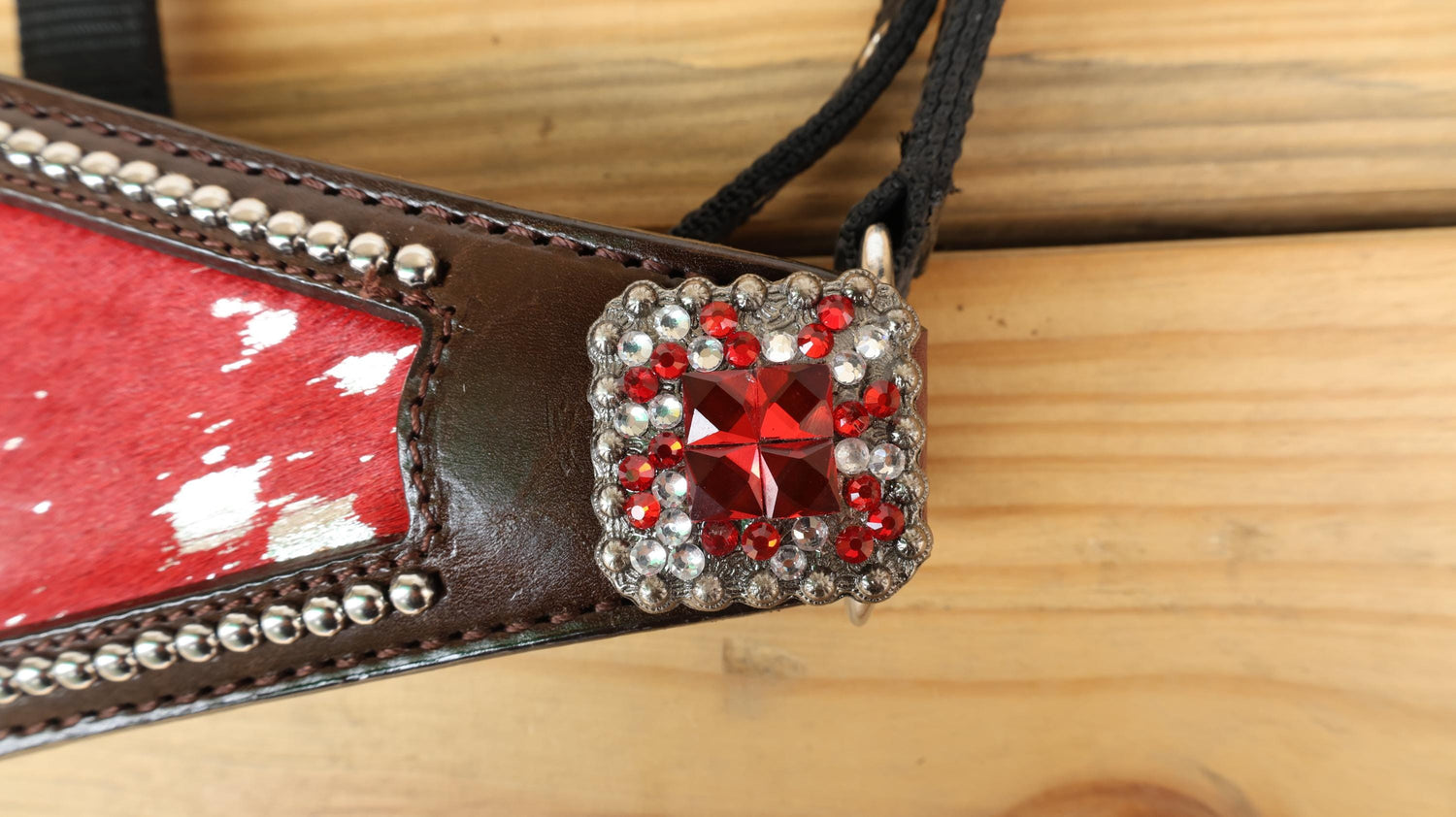leather Bronc Halter for Horses, Leather Horse Noseband Decorated with Royal Red metallic acid wash cowhide look by Mousm