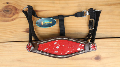 leather Bronc Halter for Horses, Leather Horse Noseband Decorated with Royal Red metallic acid wash cowhide look by Mousm