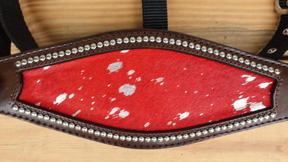 leather Bronc Halter for Horses, Leather Horse Noseband Decorated with Royal Red metallic acid wash cowhide look by Mousm