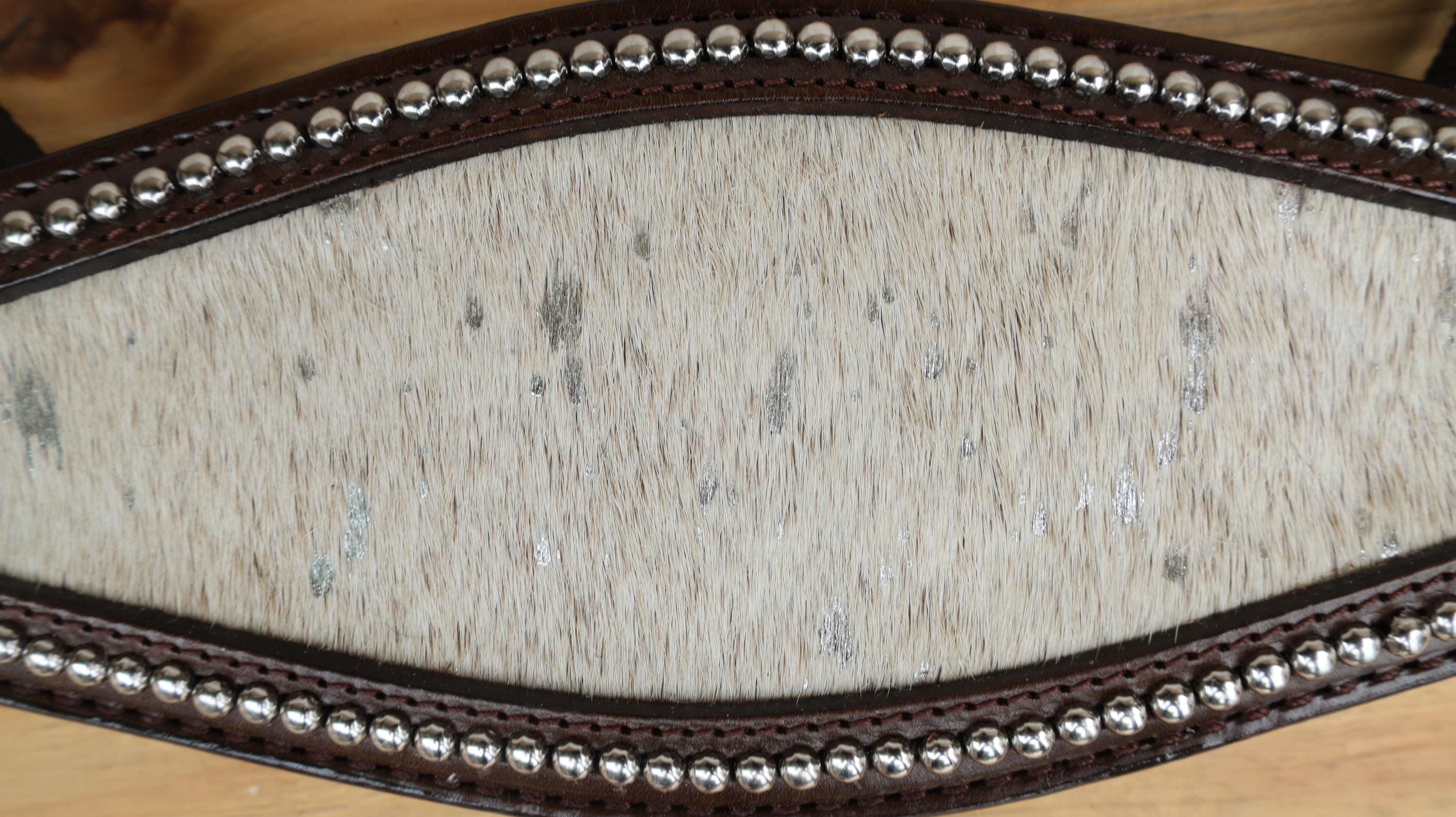 leather Bronc Halter for Horses, Leather Horse Noseband Decorated with Royal white metallic acid wash cowhide look by Mousm
