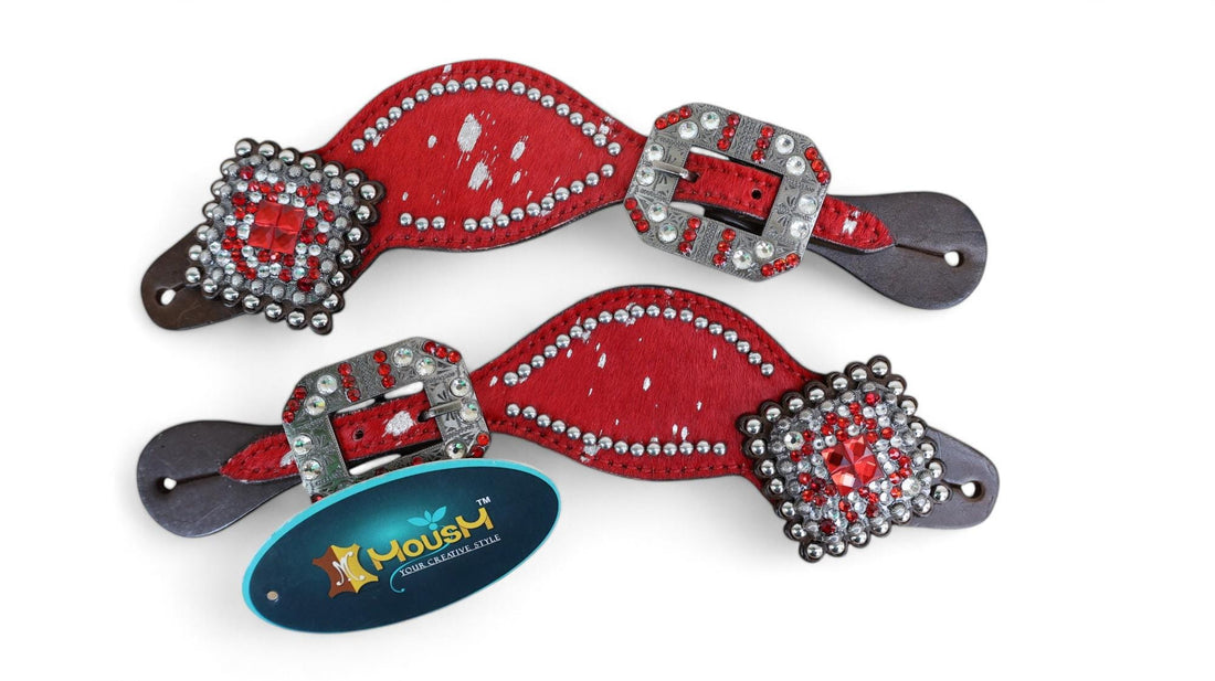 MOUSM Western Spur Straps – Argentina Cow Leather Ladies Spur Straps Decorated with Red Metallic Acid Wash Cowhide, Rhinestone Conchos &amp; Antique Nickel Hardware