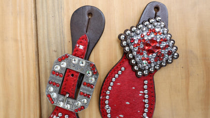 Spur strap Leather Ladies Spur strap decorated with Royal Red metallic acid wash cowhide look by Mousm