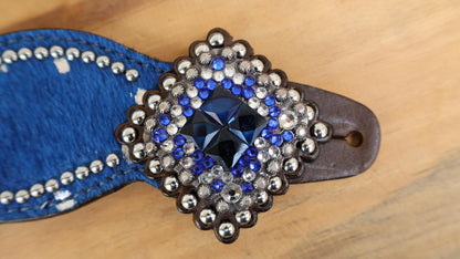 Spur strap Leather Ladies Spur strap decorated with Royal blue metallic acid wash cowhide look by Mousm