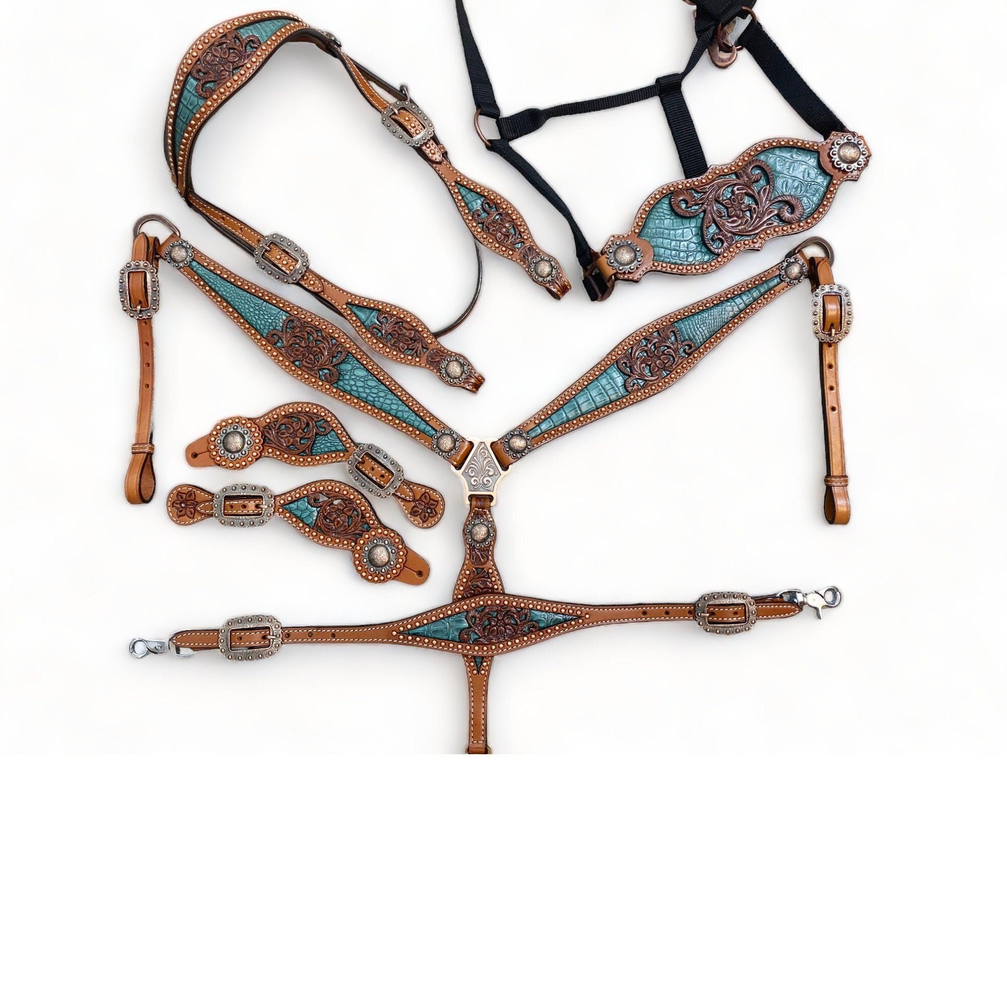 Western Leather Headstall and Breast Collar tack Set for the horse, Western headstall tack copper studs and alligator inlay  MOUSM