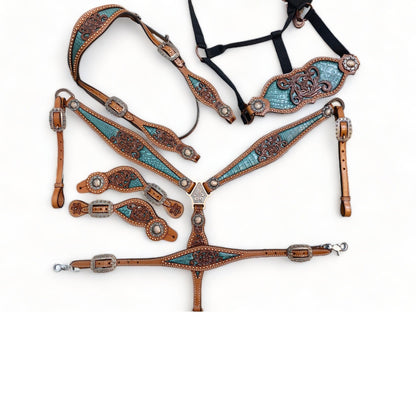 Western Leather Headstall and Breast Collar tack Set for the horse, Western headstall tack copper studs and alligator inlay  MOUSM
