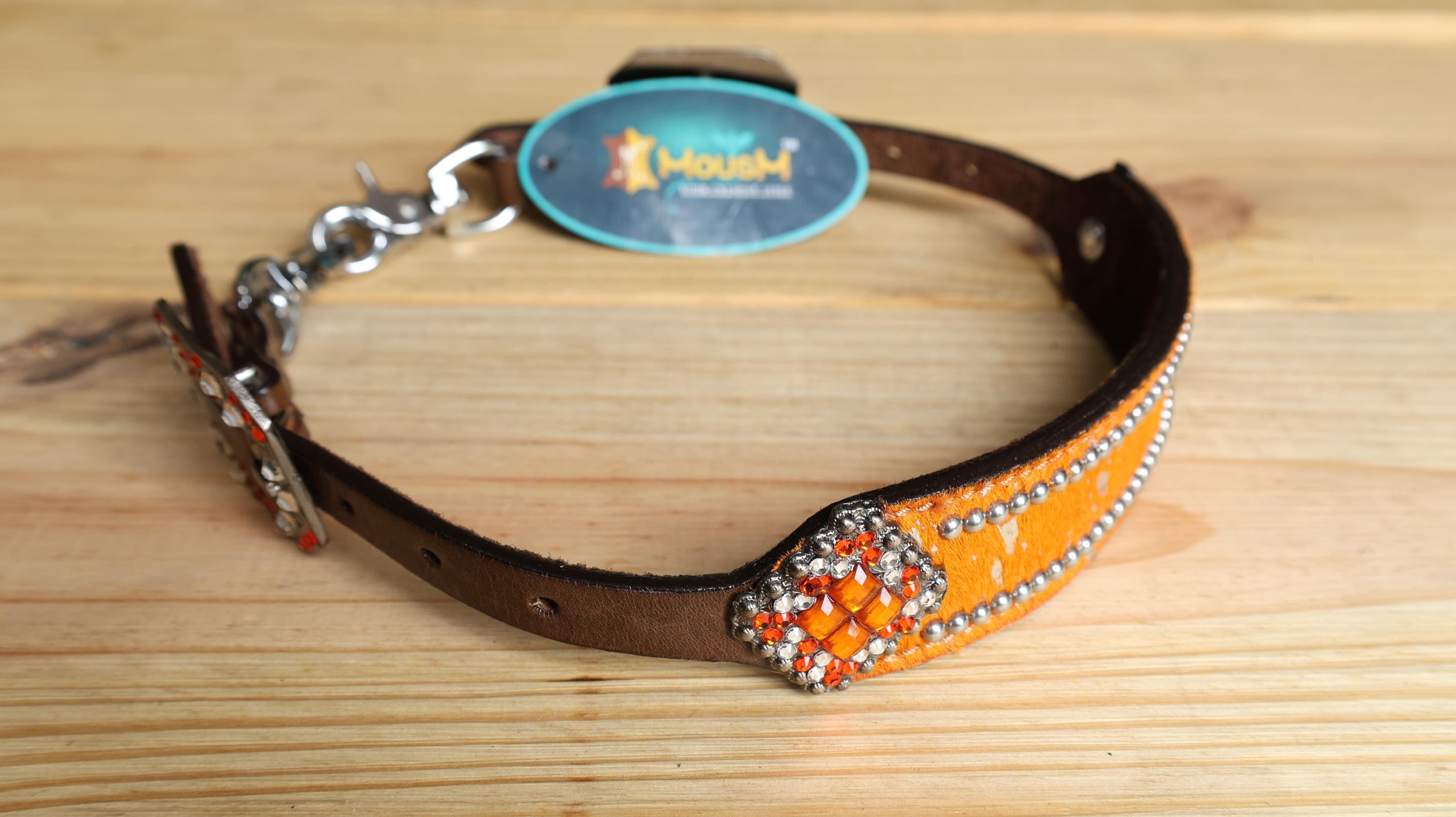 leather Wither Strap for horse. Wither Strap decorated with Orange metallic acid wash cowhide look by MOUSM