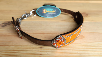 leather Wither Strap for horse. Wither Strap decorated with Orange metallic acid wash cowhide look by MOUSM