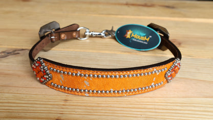 leather Wither Strap for horse. Wither Strap decorated with Orange metallic acid wash cowhide look by MOUSM