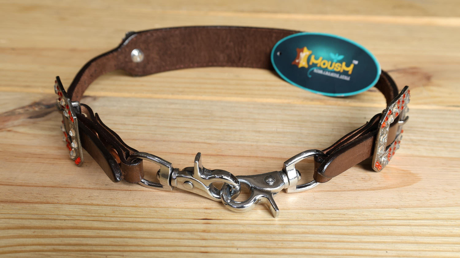leather Wither Strap for horse. Wither Strap decorated with Orange metallic acid wash cowhide look by MOUSM