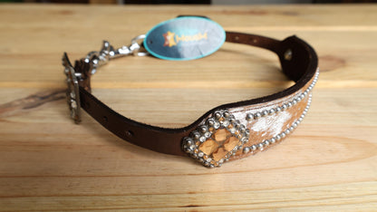 leather Wither Strap for horse. Wither Strap decorated with Tan brown metallic acid wash cowhide look by MOUSM