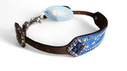 leather Wither Strap for horse. Wither Strap decorated with Royal blue metallic acid wash cowhide look by MOUSM
