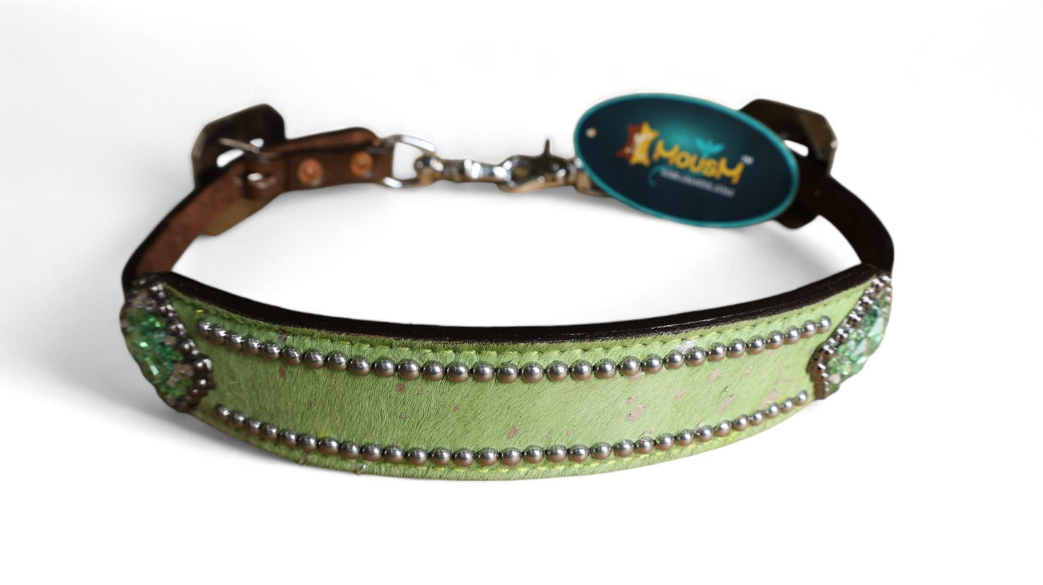 leather Wither Strap for horse. Wither Strap decorated with Lime Green metallic acid wash cowhide look by MOUSM