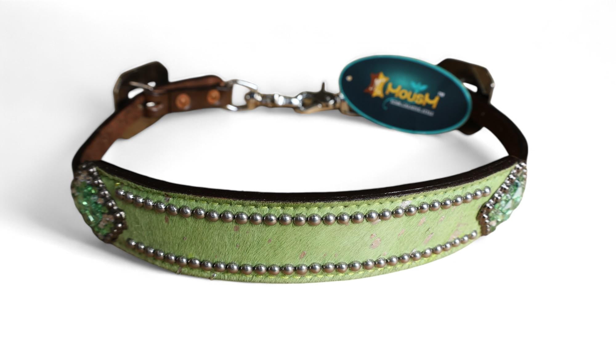 leather Wither Strap for horse. Wither Strap decorated with Lime Green metallic acid wash cowhide look by MOUSM