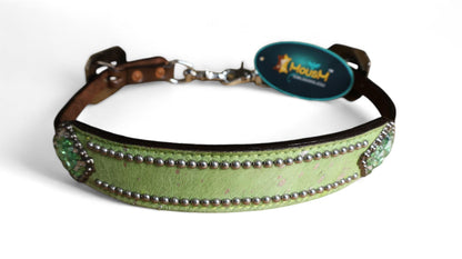 leather Wither Strap for horse. Wither Strap decorated with Lime Green metallic acid wash cowhide look by MOUSM