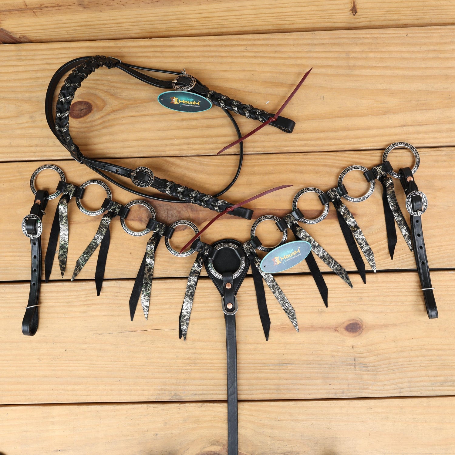MOUSM Western Headstall and Breast Collar Set – Decorated with Engraved Antique Nickel Rings, Metallic Leopard Leather Fringe on Black Leather Braided Browband and Cheekpiece
