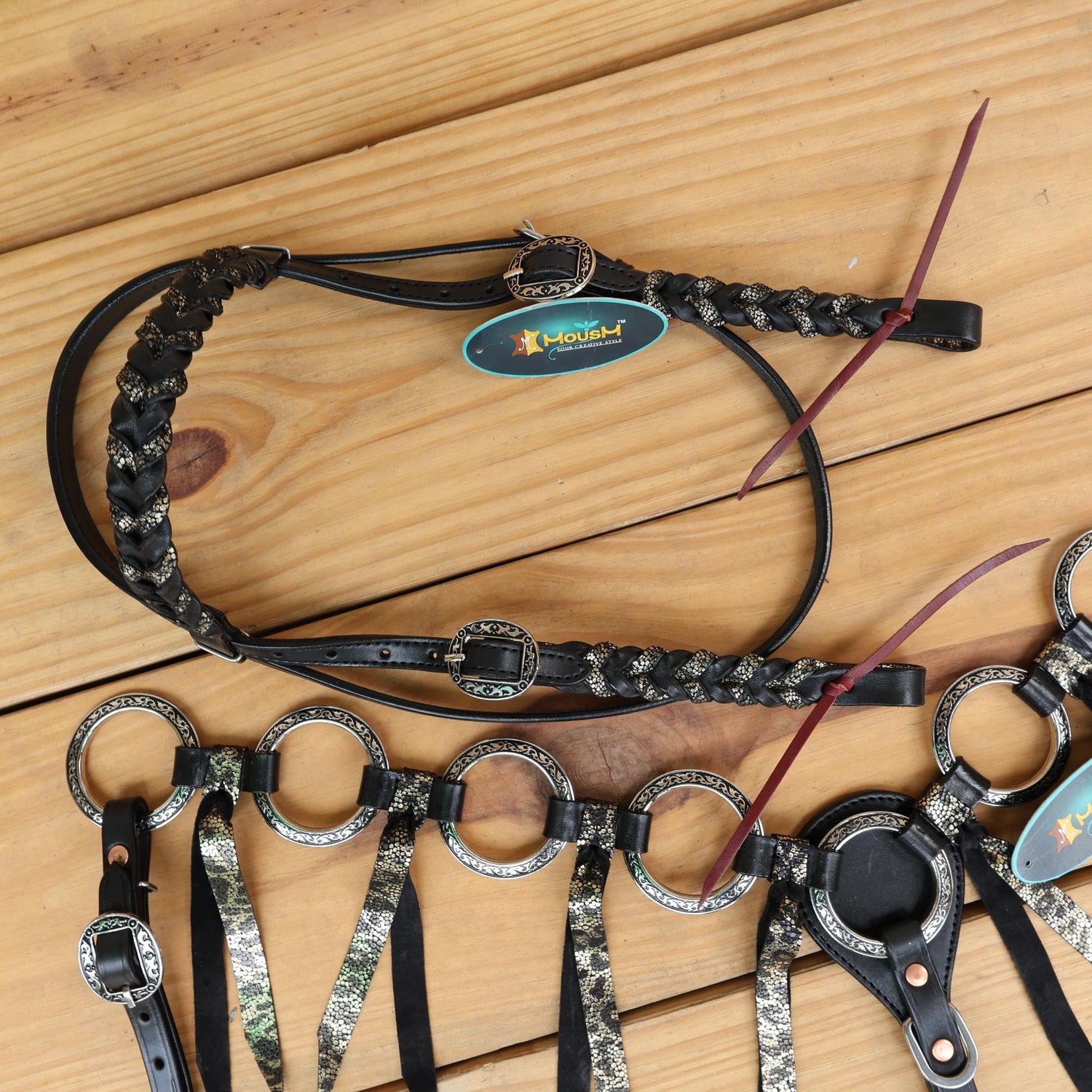 MOUSM Western Headstall and Breast Collar Set – Decorated with Engraved Antique Nickel Rings, Metallic Leopard Leather Fringe on Black Leather Braided Browband and Cheekpiece