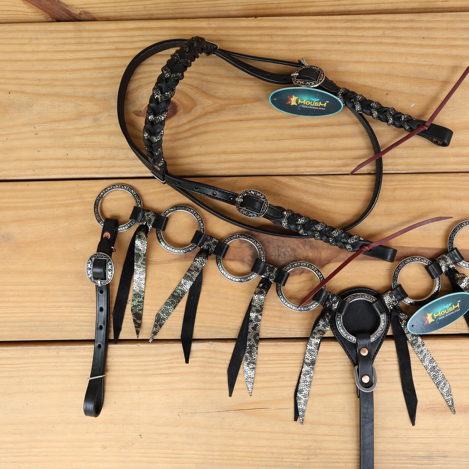 MOUSM Western Headstall and Breast Collar Set – Decorated with Engraved Antique Nickel Rings, Metallic Leopard Leather Fringe on Black Leather Braided Browband and Cheekpiece