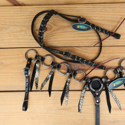 MOUSM Western Headstall and Breast Collar Set – Decorated with Engraved Antique Nickel Rings, Metallic Leopard Leather Fringe on Black Leather Braided Browband and Cheekpiece