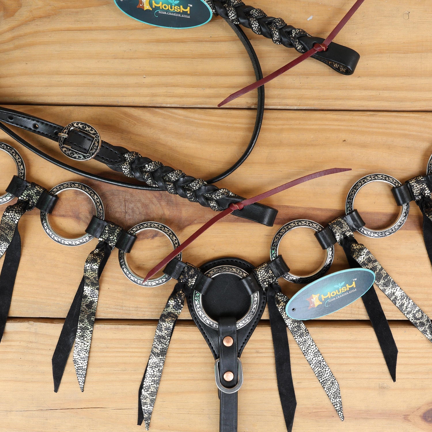 MOUSM Western Headstall and Breast Collar Set – Decorated with Engraved Antique Nickel Rings, Metallic Leopard Leather Fringe on Black Leather Braided Browband and Cheekpiece