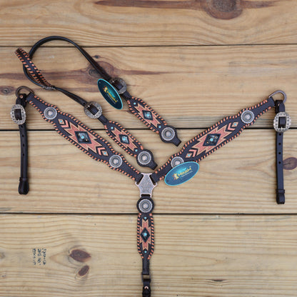 Leather Headstall and Breast Collar Set for a horse,Western tack decorated with southwest hand carving   buck stitching with copper hardware