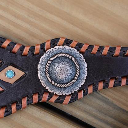 Leather Headstall and Breast Collar Set for a horse,Western tack decorated with southwest hand carving   buck stitching with copper hardware