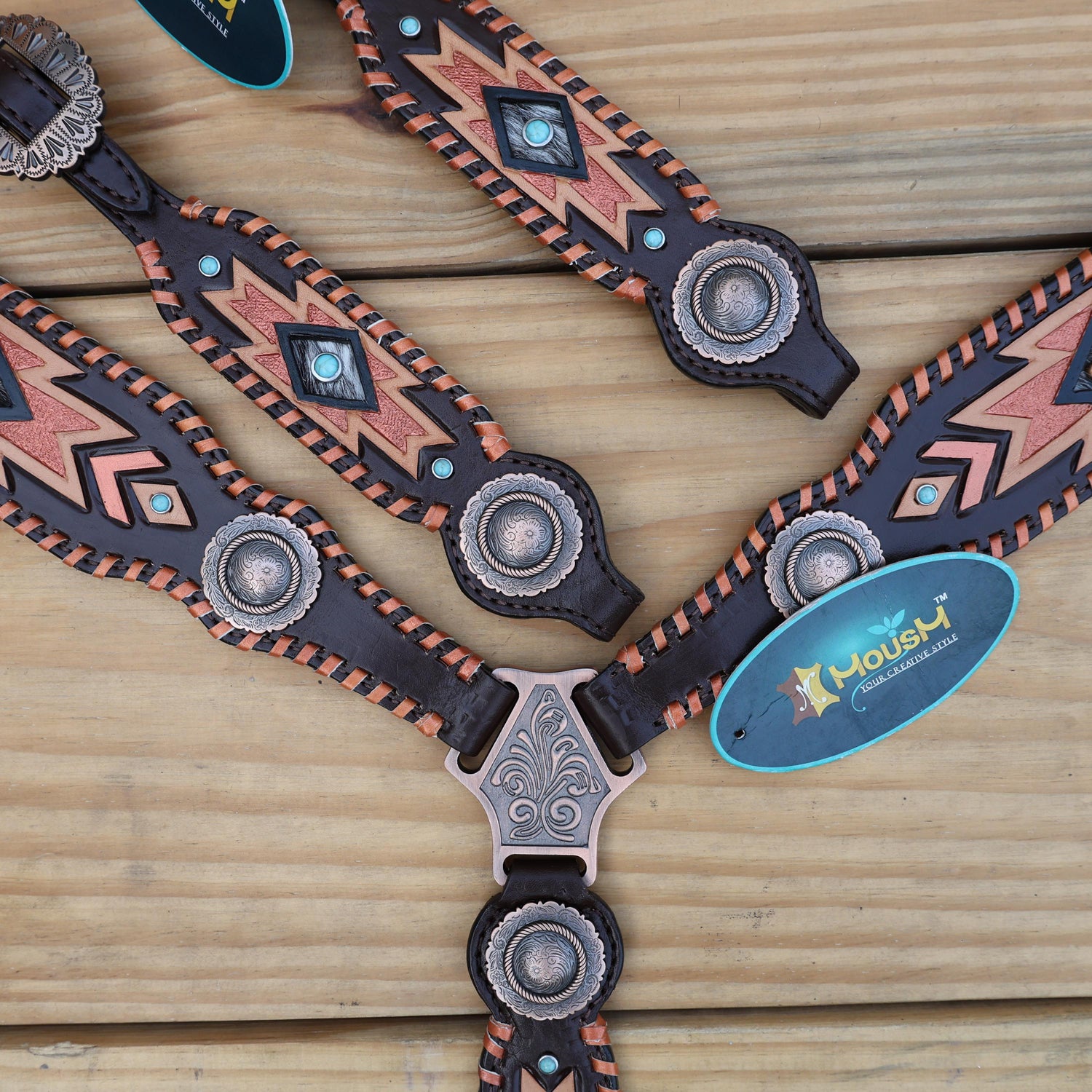 Leather Headstall and Breast Collar Set for a horse,Western tack decorated with southwest hand carving   buck stitching with copper hardware