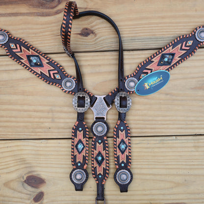 Leather Headstall and Breast Collar Set for a horse,Western tack decorated with southwest hand carving   buck stitching with copper hardware