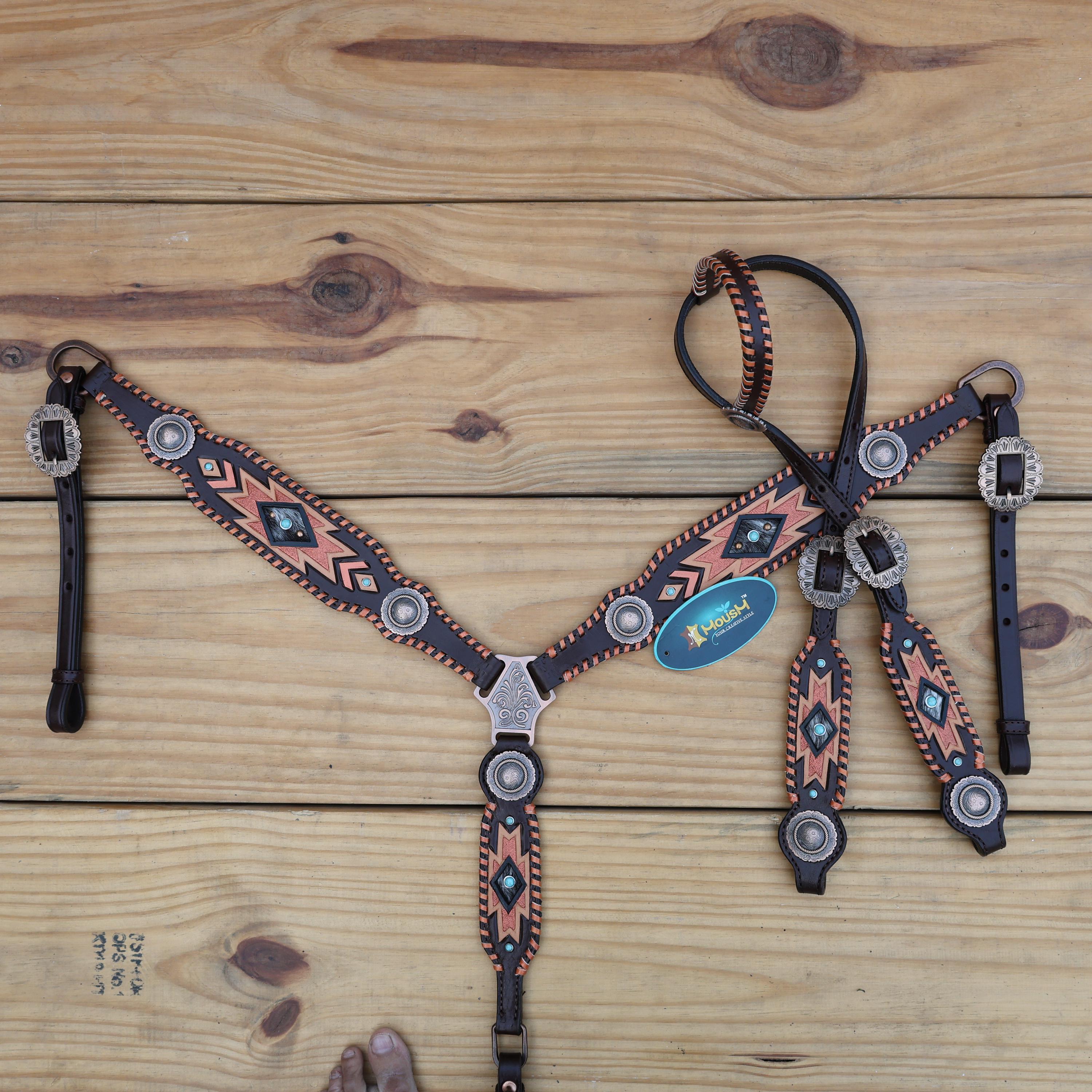 Leather Headstall and Breast Collar Set for a horse,Western tack decorated with southwest hand carving   buck stitching with copper hardware