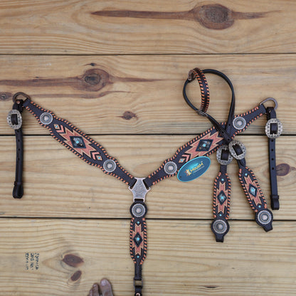 Leather Headstall and Breast Collar Set for a horse,Western tack decorated with southwest hand carving   buck stitching with copper hardware