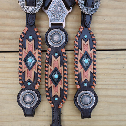 Leather Headstall and Breast Collar Set for a horse,Western tack decorated with southwest hand carving   buck stitching with copper hardware
