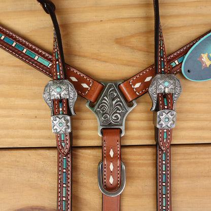 Leather Headstall Tack set gifts for horse lovers. Horse Headstall set with hand striped tooled with turquoise colouring and buck stitching.