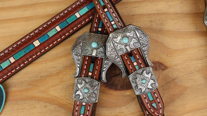 Leather Headstall Tack set gifts for horse lovers. Horse Headstall set with hand striped tooled with turquoise colouring and buck stitching.