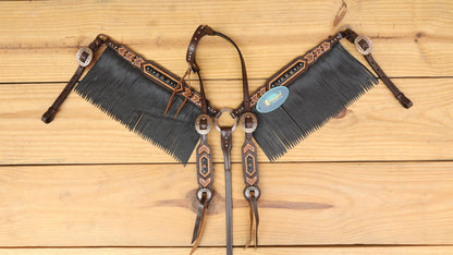 Leather Headstall Tack set with with geometrical carving with copper nickel studs brown leather fringe  string concho gifts for horse lovers